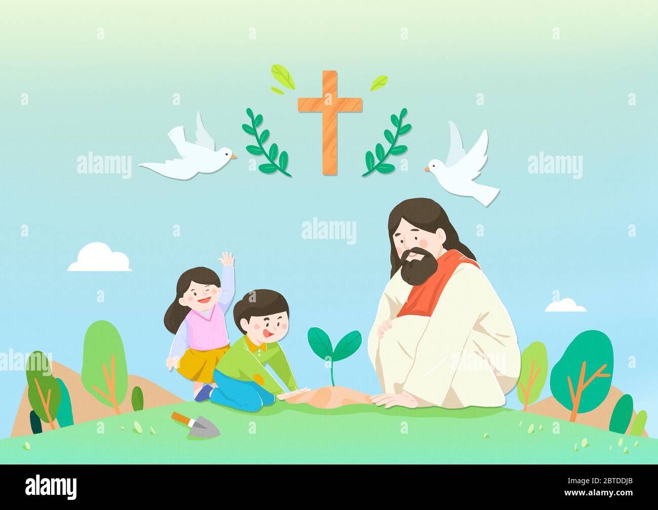 Concepto de religión católica, Jesús con la gente dibujos animados  ilustración cristiana 002 Imagen Vector de stock - Alamy