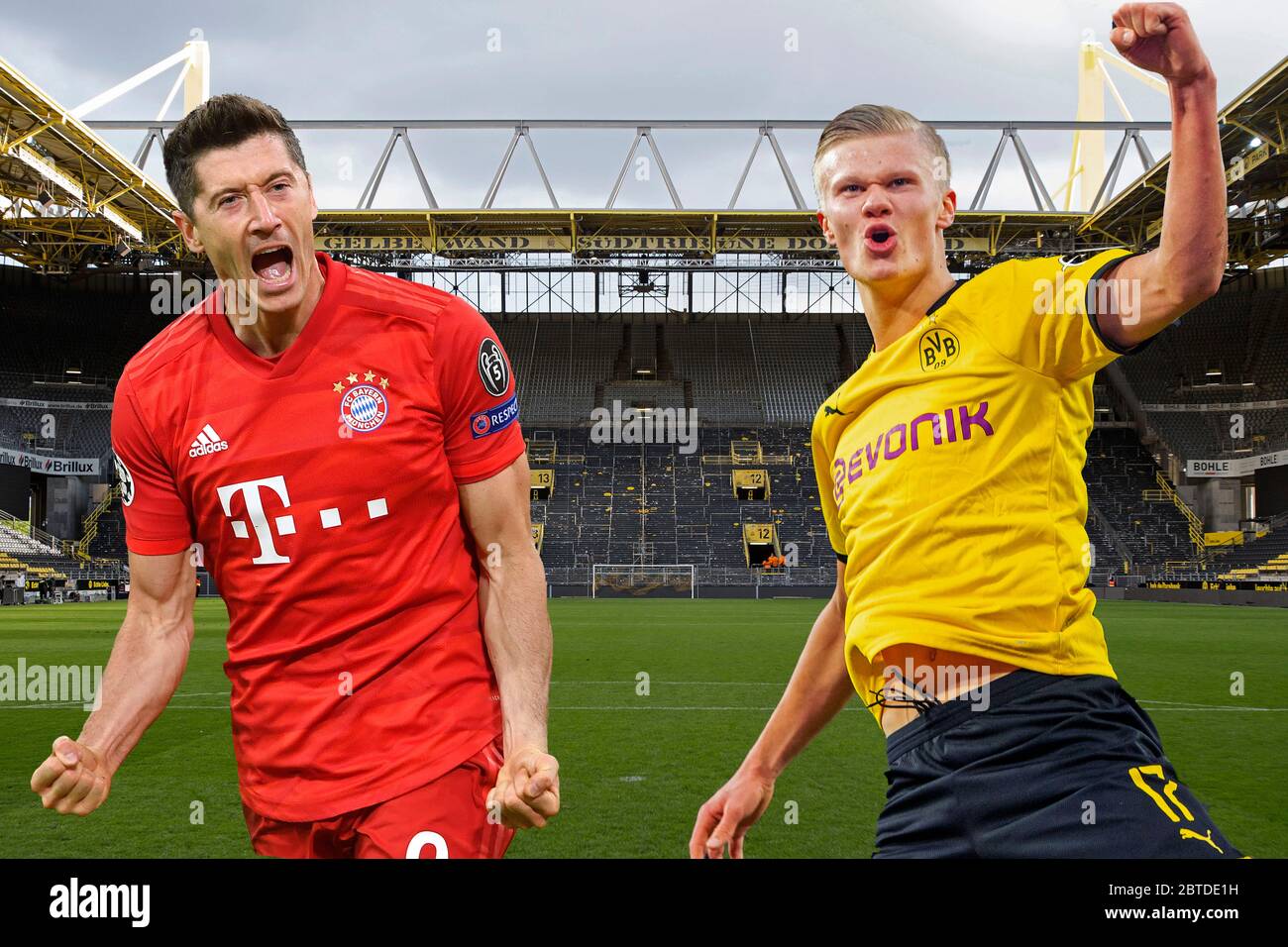 FOTO ASAMBLEA: Vista previa Borussia Dortmund-FC Bayern Munich el 26 de mayo de 2020. Enfrentamiento con el gol garantizado Robert LEWANDOWSKI (FC Bayern Munich) y Erling HAALAND (Borussia Dortmund) en el duelo superior del día 28. El estadio vacío de BVB después del juego. Vista a través de la plaza a la tribuna sur. Fútbol 1.Bundesliga, 30 día de partido, Borussia Dortmund (DO) - HSV Hamburgo Hamburgo Hamburgo (HH), 3: 0, el 17 de abril de 2016 en Dortmund/Alemania. | uso en todo el mundo Foto de stock