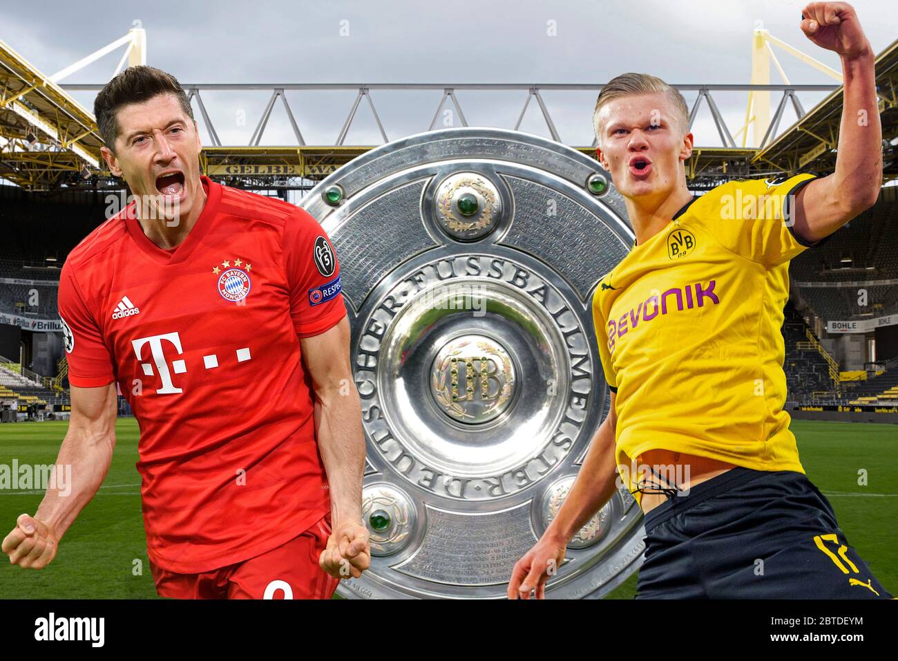 FOTO ASAMBLEA: Vista previa Borussia Dortmund-FC Bayern Munich el 26 de mayo de 2020. Enfrentamiento con el gol garantizado Robert LEWANDOWSKI (FC Bayern Munich) y Erling HAALAND (Borussia Dortmund) en el duelo superior del día 28. El estadio vacío de BVB después del juego. Vista a través de la plaza a la tribuna sur. Fútbol 1.Bundesliga, 30 día de partido, Borussia Dortmund (DO) - HSV Hamburgo Hamburgo Hamburgo (HH), 3: 0, el 17 de abril de 2016 en Dortmund/Alemania. | uso en todo el mundo Foto de stock