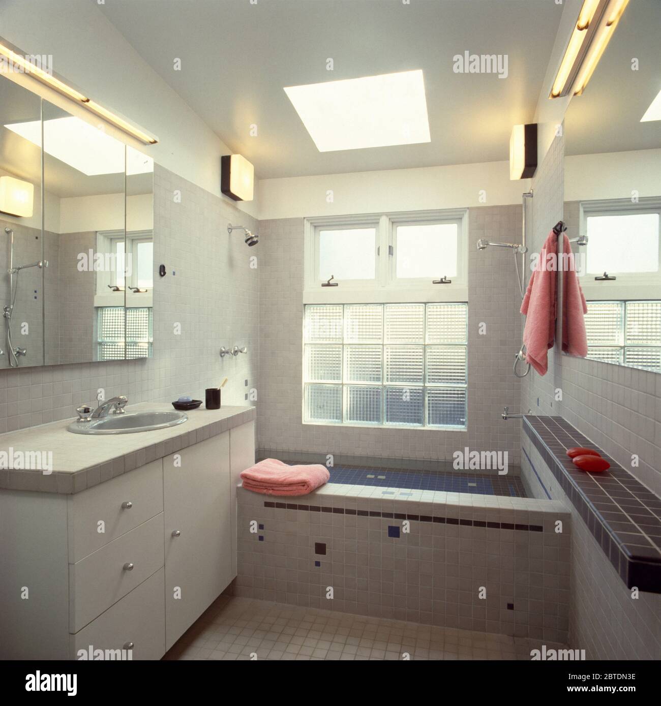 Ventana de bloques de vidrio sobre el baño en los años ochenta Fotografía  de stock - Alamy