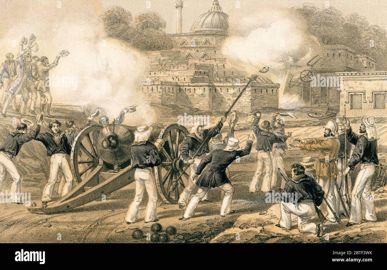 Cuando el tercer disparo hizo estallar el vientre, dimos una alegría. Artillería pesada del 53.er Regimiento bombardeando un pueblo en el camino al relieve de Lucknow durante la rebelión India de 1857. Un barrilito es un carro cubierto de dos ruedas que transportaba herramientas o municiones para un ejército. De recuerdos de una Campaña de Invierno en la India, 1857-58, publicado en 1869. Foto de stock