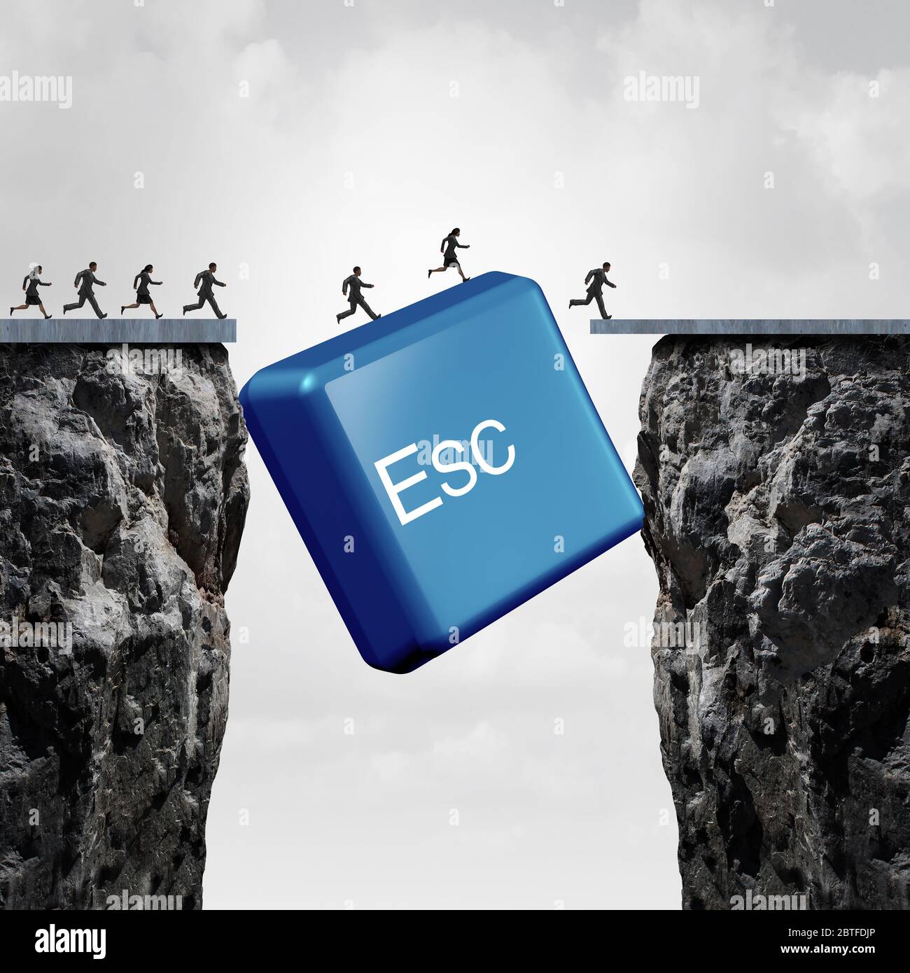 Concepto de escape empresarial y éxito corporativo o superar un obstáculo como un botón ESC ordenador cerrar la brecha con elementos de ilustración 3D. Foto de stock