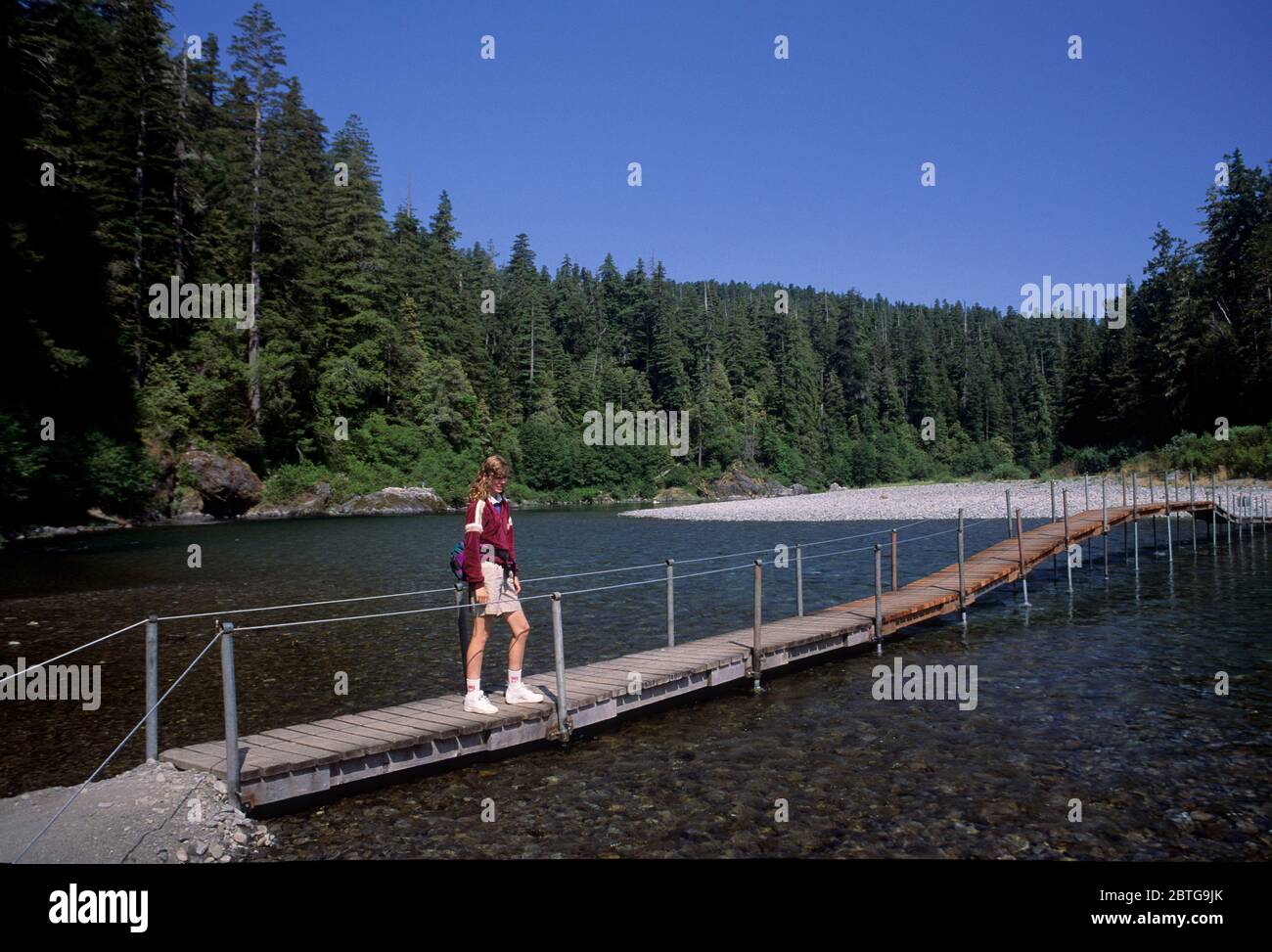 Puente de Hiker-Smith River, Parque Estatal Jedediah Smith Redwoods, Parque Nacional Redwood, California Foto de stock