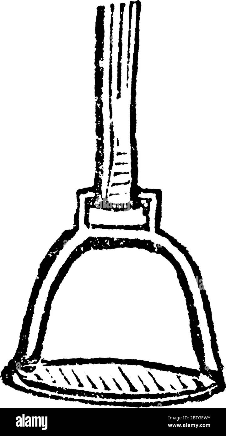 Stirrup es un par de marcos colgados de la silla de montar adjunta a la parte posterior de un caballo, utilizado para apoyar los pies de los jinetes., dibujo de línea vintage o grabado illu Ilustración del Vector