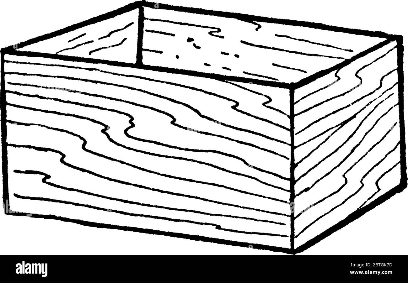 Figura que muestra una caja de madera, es un contenedor de madera para  almacenamiento o como contenedor de envío, dibujo de línea vintage o  ilustración de grabado Imagen Vector de stock -