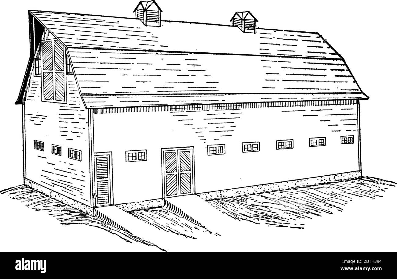 Imagen que muestra un edificio utilizado para mantener caballos y ganado, dibujo de líneas de cosecha o ilustración de grabado. Ilustración del Vector