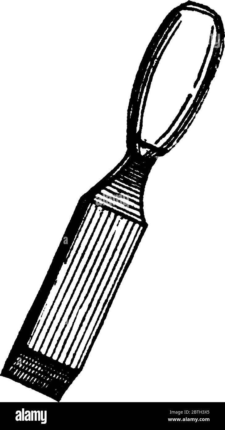 Un cincel es una herramienta con un borde de corte de hoja de forma característica en su extremo, para tallar o cortar un material duro como madera, piedra, o m. Ilustración del Vector