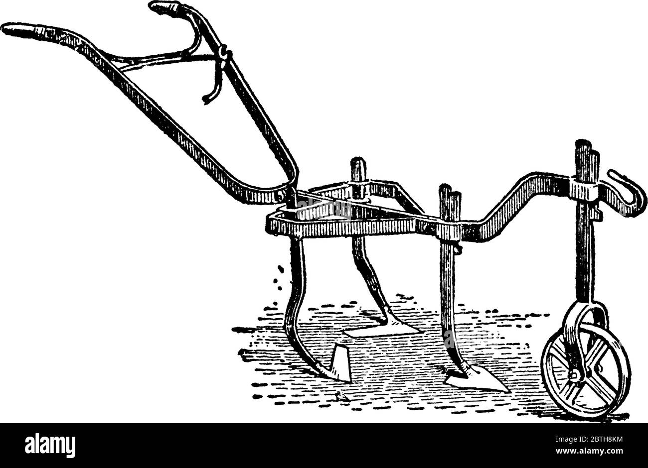 Martin's una fila caballo azada utilizado en la agricultura, dibujo de línea vintage o grabado ilustración. Ilustración del Vector