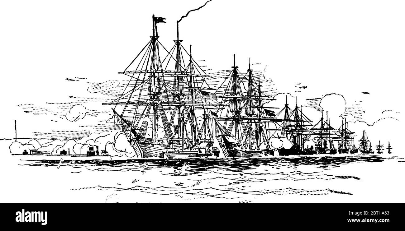 Apertura de la Batalla de Mobile Bay, una batalla naval, durante la Guerra Civil Americana, dibujo de línea vintage o grabado ilustración. Ilustración del Vector