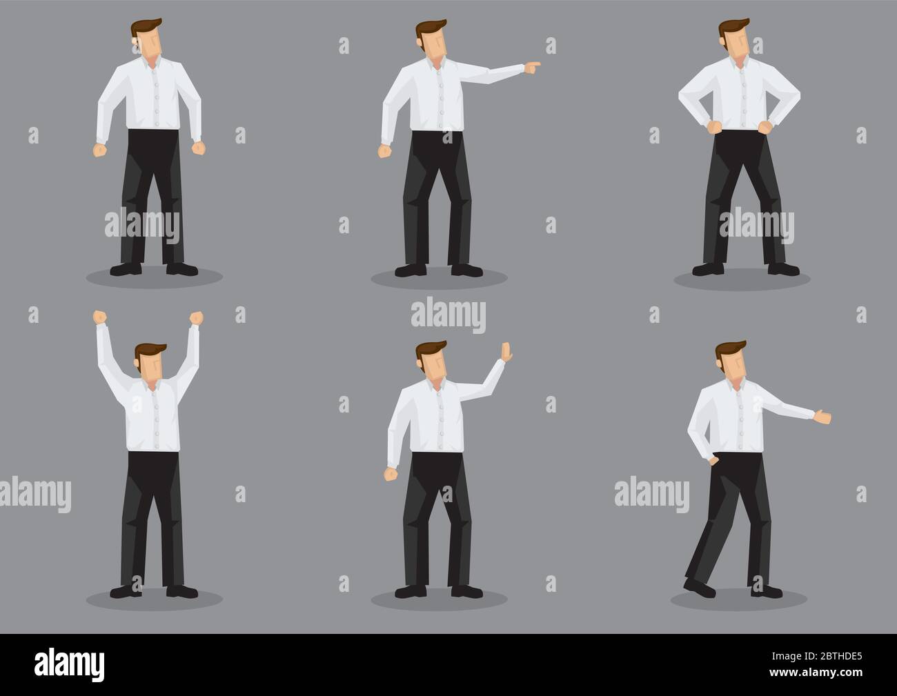 Conjunto de seis ilustraciones vectoriales de caricatura hombre personaje  con camisa blanca simple y pantalones negros en diferentes gestos aislados  en la ba gris Imagen Vector de stock - Alamy