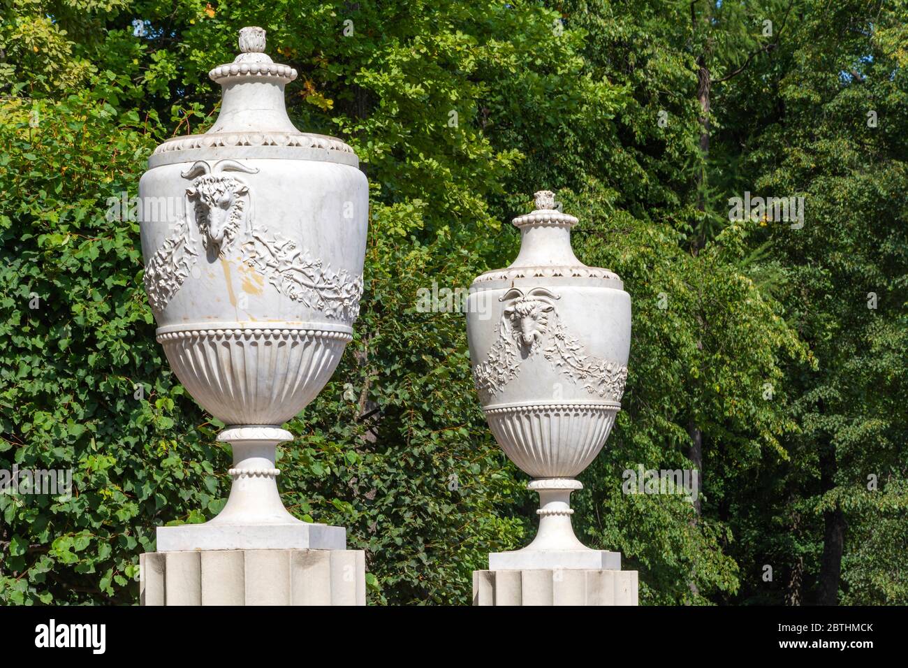 Peterhof, jarrones de mármol en el callejón Marlinskaya en el Parque  inferior, el famoso conjunto del Parque Fotografía de stock - Alamy