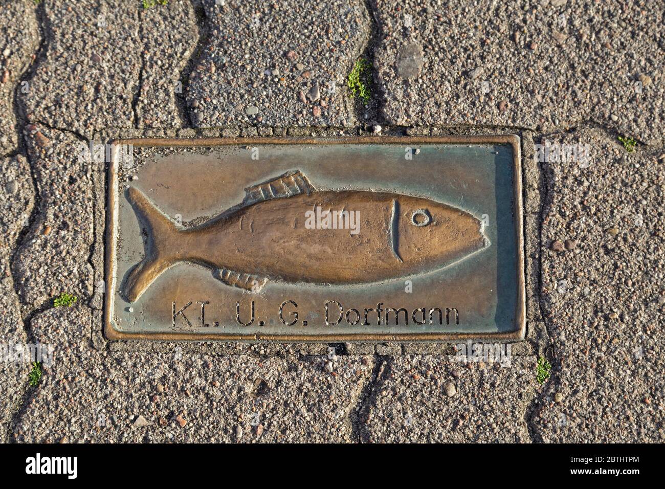 Plato de bronce en el pavimento, Kappeln, Fiord Schlei del Mar Báltico, Schleswig-Holstein, Alemania Foto de stock