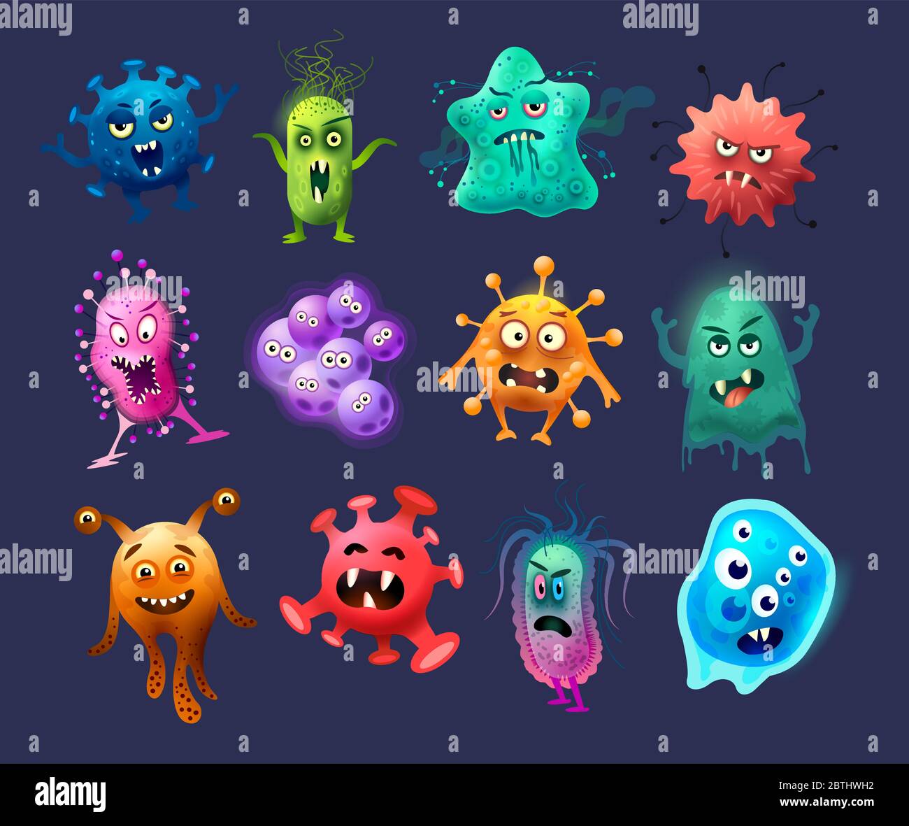 Una colección de extraños virus, gérmenes y bacterias personajes de los monstruos dibujos animados. Ilustración vectorial. Ilustración del Vector