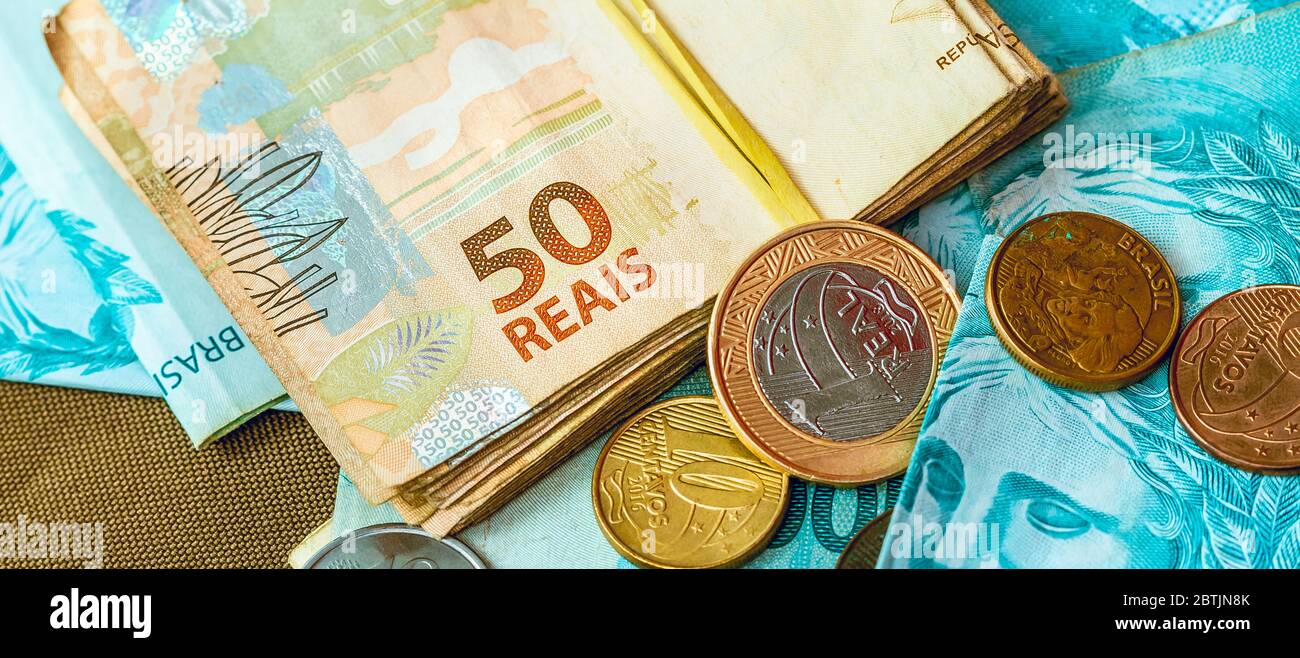 Moneda real, dinero de brasil. Billetes y monedas brasileñas. Dinheiro