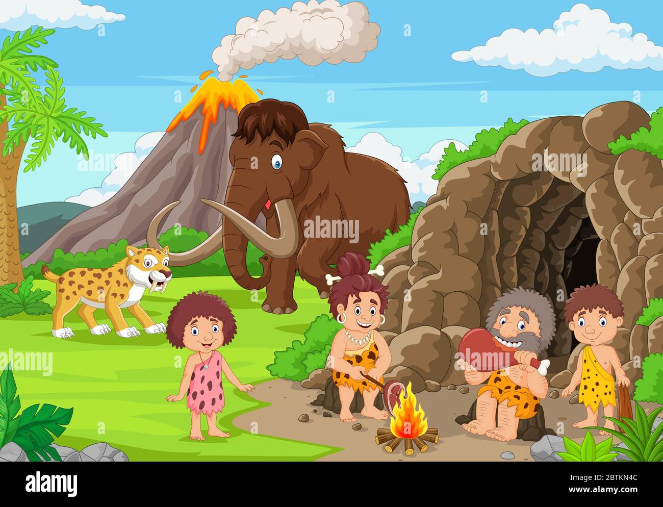 Cartoon antiguos caverneros en edad de piedra con mamut y sabertooth Ilustración del Vector