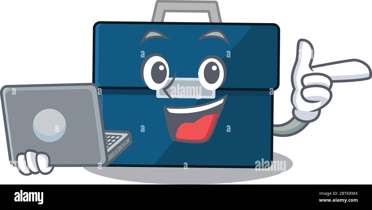 Personaje de dibujos animados inteligente de la maleta de negocios  estudiando en casa con un portátil Imagen Vector de stock - Alamy