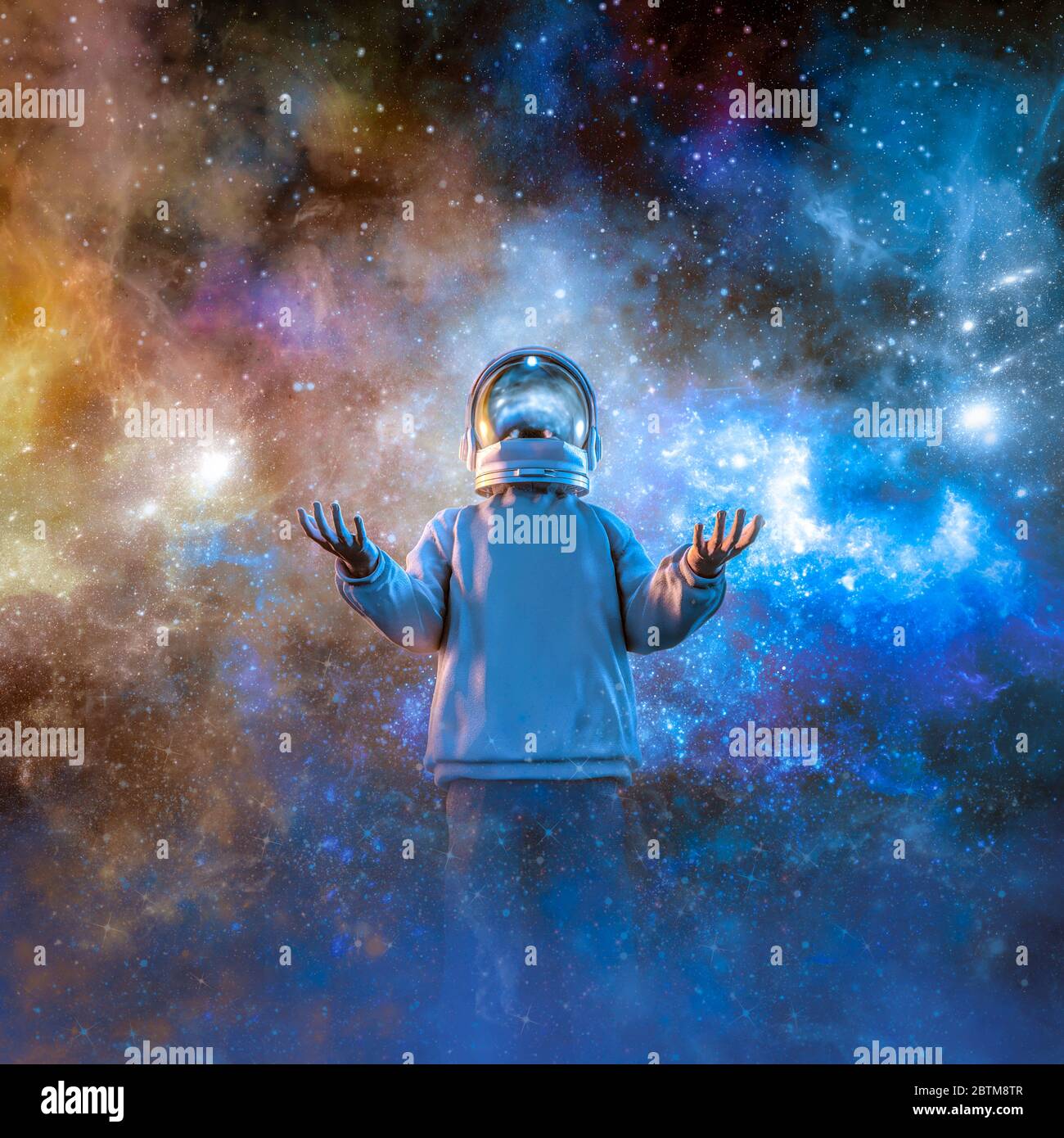 Galaxy of Dreams / 3D ilustración de adolescente fantasear sobre el viaje espacial usando casco de astronauta Foto de stock