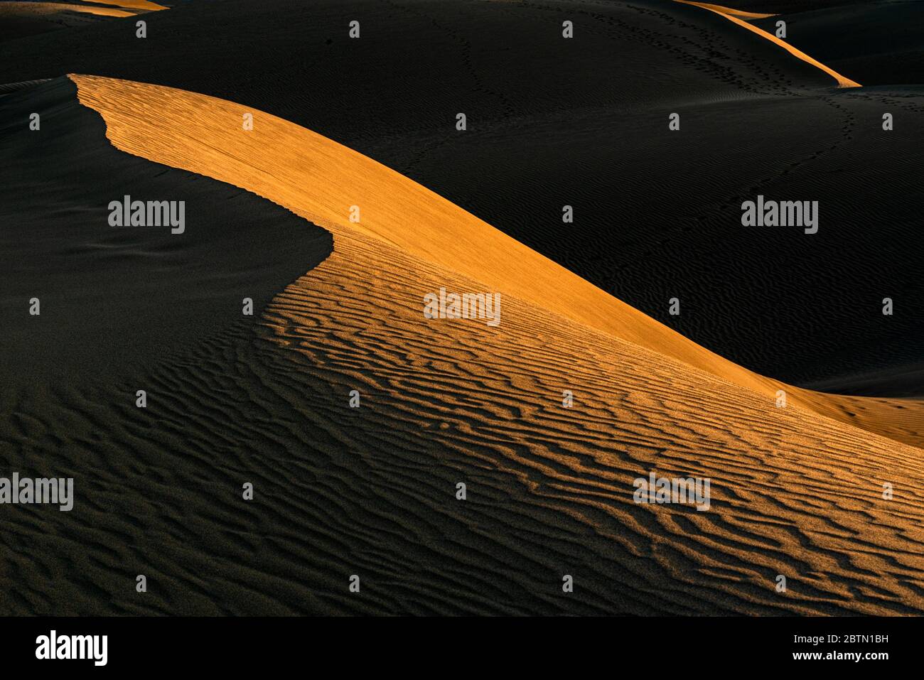Un patrón chiaroscuro al atardecer en las magníficas dunas de Maspalomas, situadas al sur de la isla de Gran Canaria Foto de stock