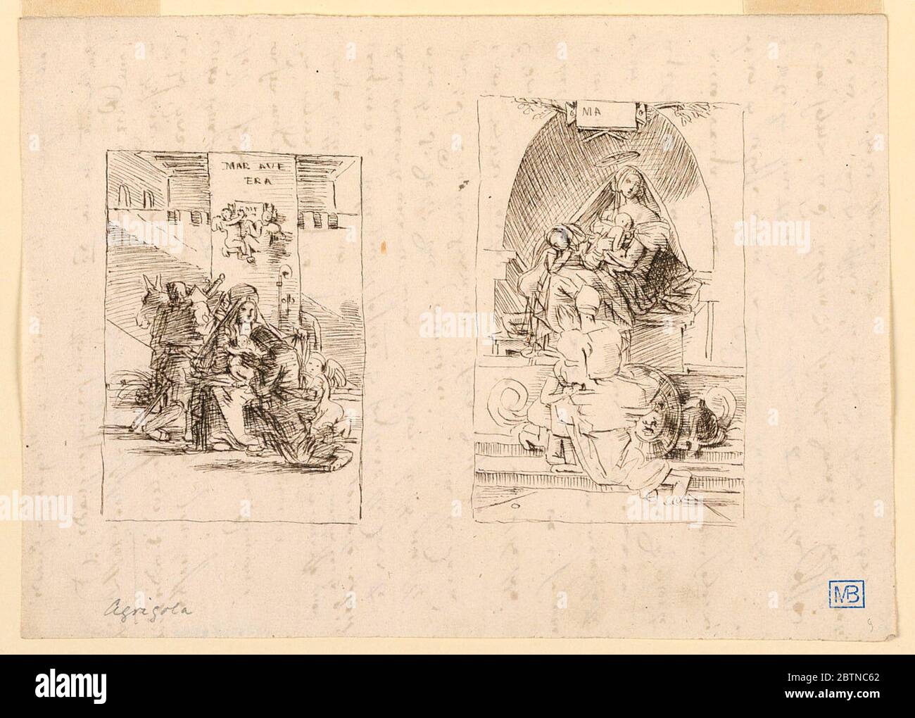 Bocetos posiblemente el resto en el vuelo a Egipto y figuras adorando a la Virgen y el Niño. Investigación en ProgressSketches, posiblemente el resto en el vuelo a Egipto y figuras adorando a la Virgen y el Niño. Foto de stock