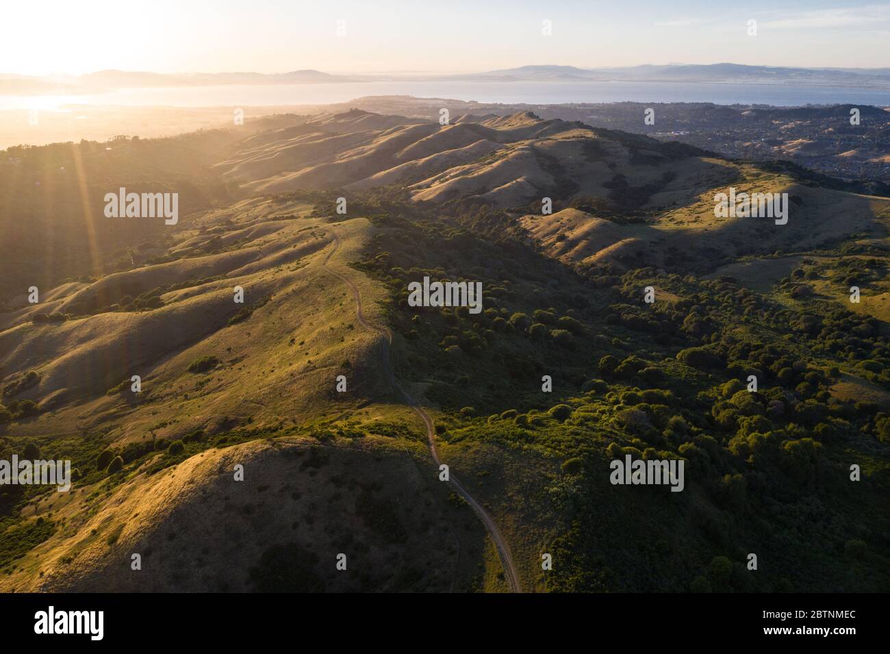 La luz del sol de la tarde ilumina las hermosas colinas y valles rurales de la Bahía este, justo al este de la Bahía de San Francisco en el norte de California. Foto de stock