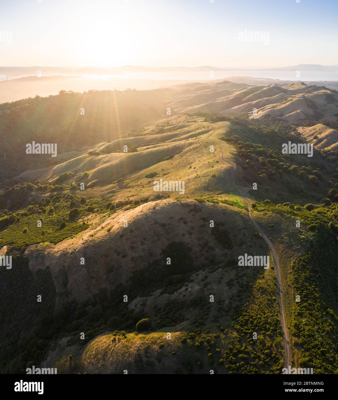 La luz del sol de la tarde ilumina las hermosas colinas y valles rurales de la Bahía este, justo al este de la Bahía de San Francisco en el norte de California. Foto de stock