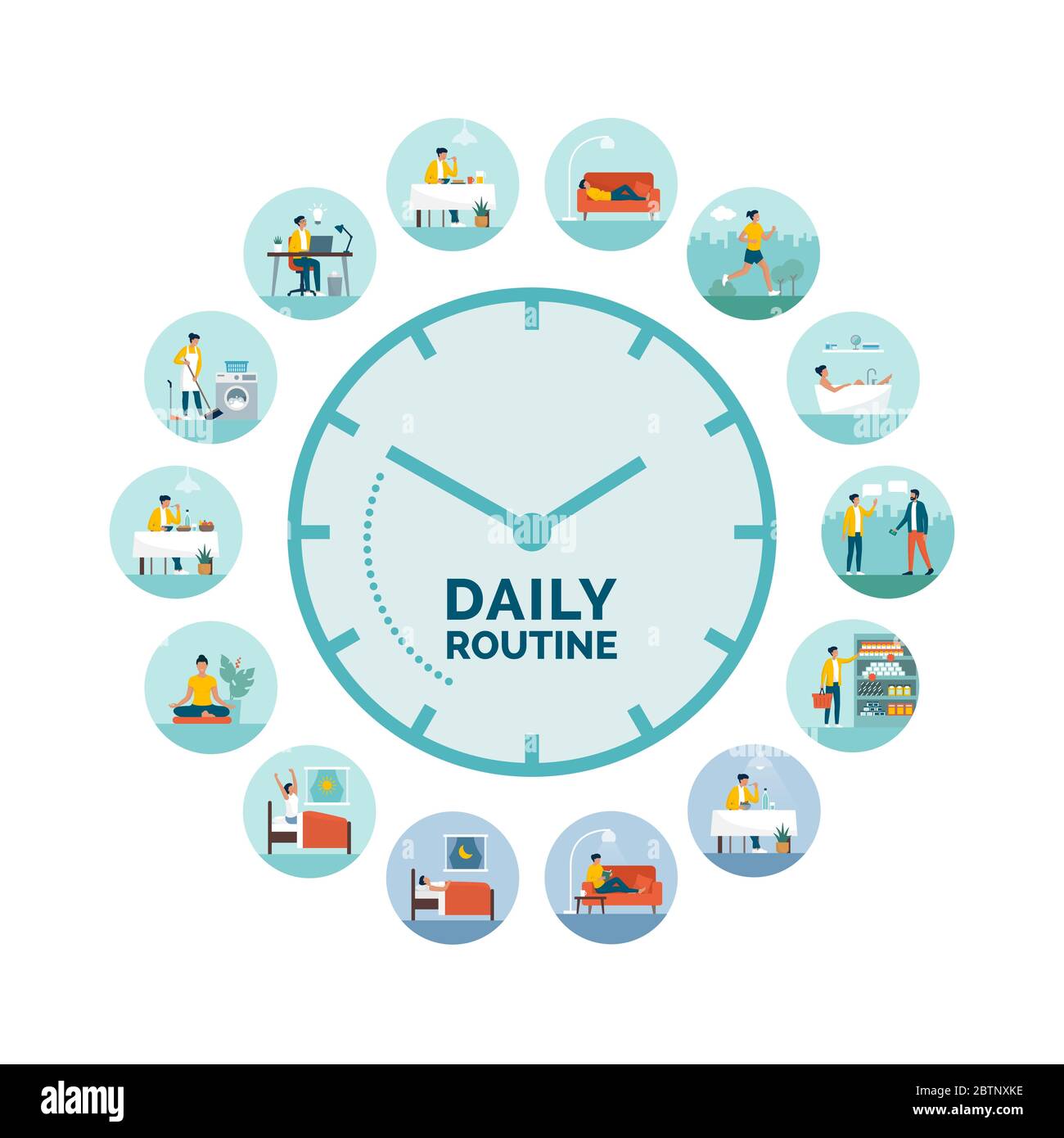 Reloj con actividades diarias rutina: Mujer perfeccionando diferentes tareas durante el día y la noche, estilo de vida saludable y ritmos biológicos concepto Ilustración del Vector