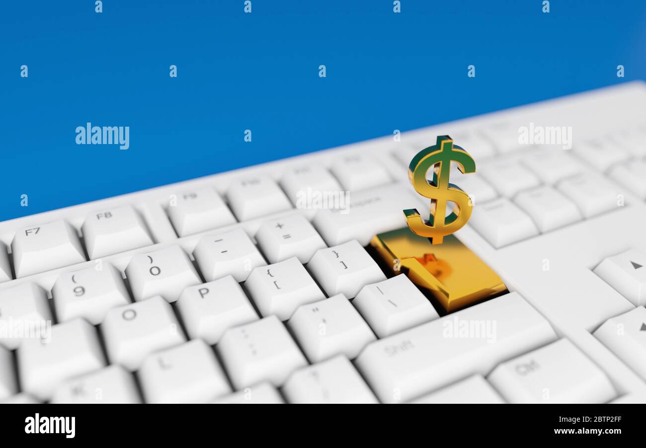 Hacer dinero en línea desde casa. Signo de dólar dorado flotando sobre el  teclado del ordenador. Concepto de presentación 3D digital Fotografía de  stock - Alamy
