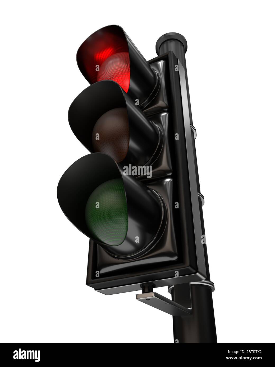 En primer plano en un semáforo, la luz roja está encendida, aislada sobre fondo blanco Foto de stock