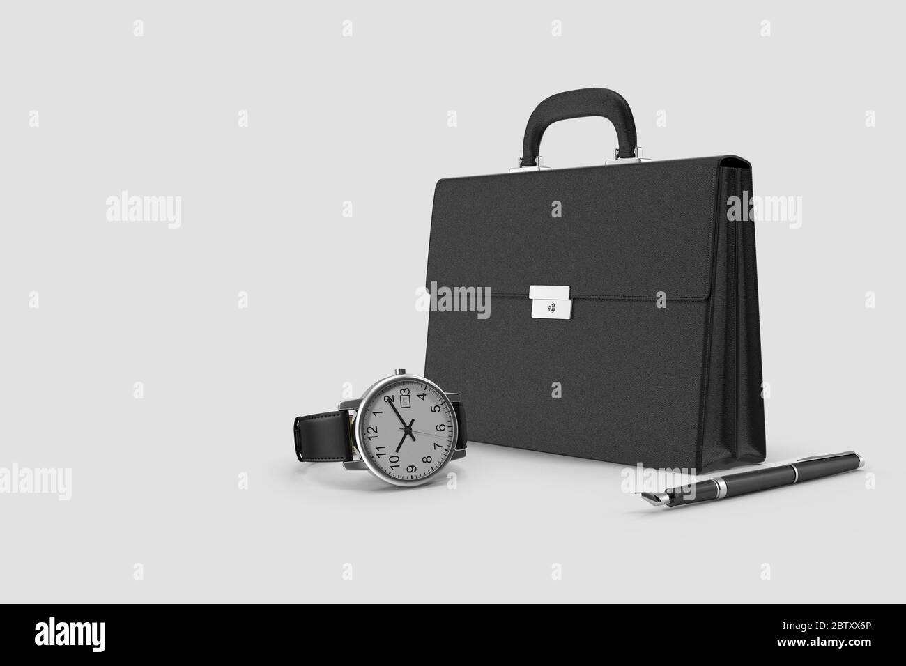 Maletín de cuero negro y reloj con pluma el blanco aislado background.concepto de negocio de éxito Fotografía de stock - Alamy