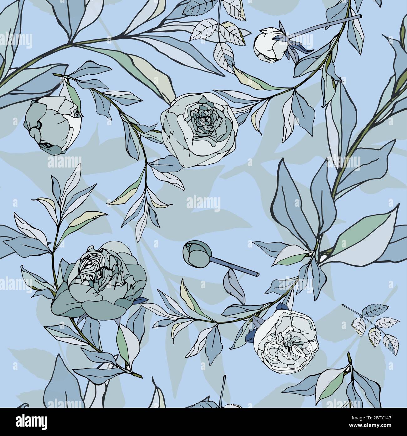 Diseño sin costuras con rosas y hojas de color azul claro. Ilustración  vectorial con plantas. Colores pastel suaves. EPS 10 Fotografía de stock -  Alamy