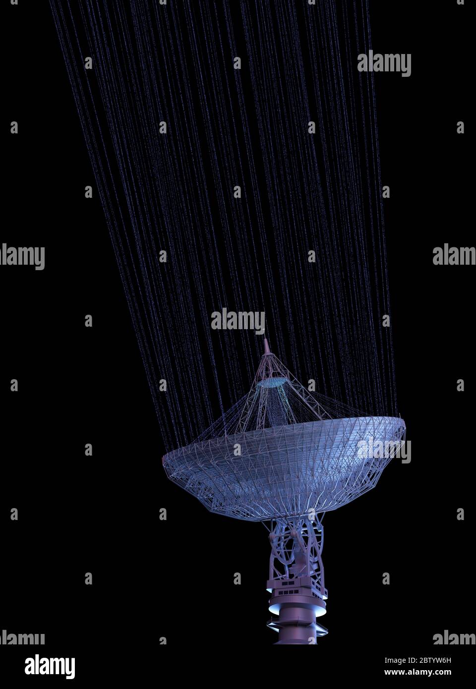 Antena satélite enorme para la comunicación y la recepción de señal fuera del planeta Tierra. Ilustración 3D con trazado de recorte incluido. Foto de stock