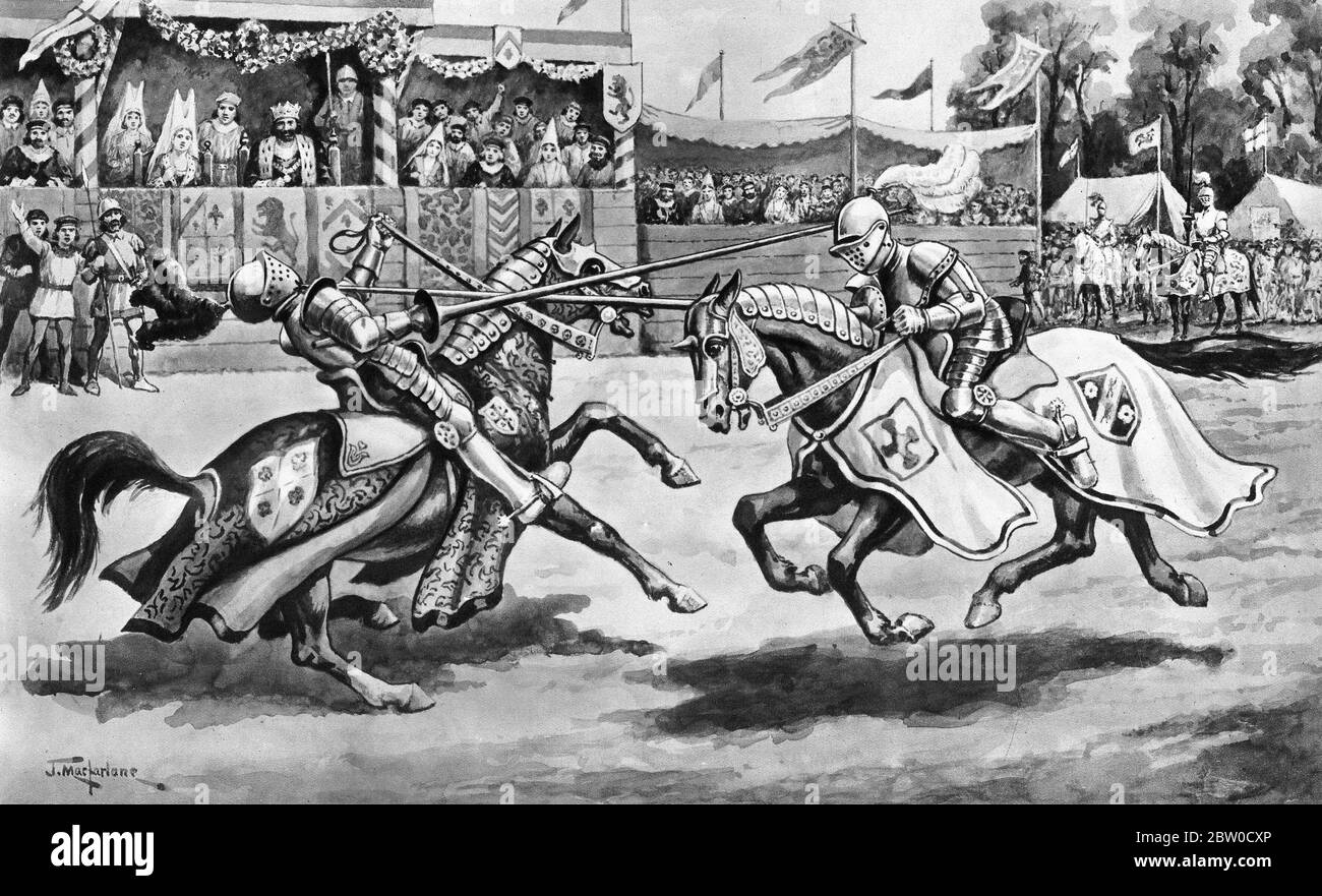 Ilustración de caballeros que judean en un torneo en la Edad Media, de un conjunto de carteles escolares utilizados para estudios sociales, c 1930 Foto de stock