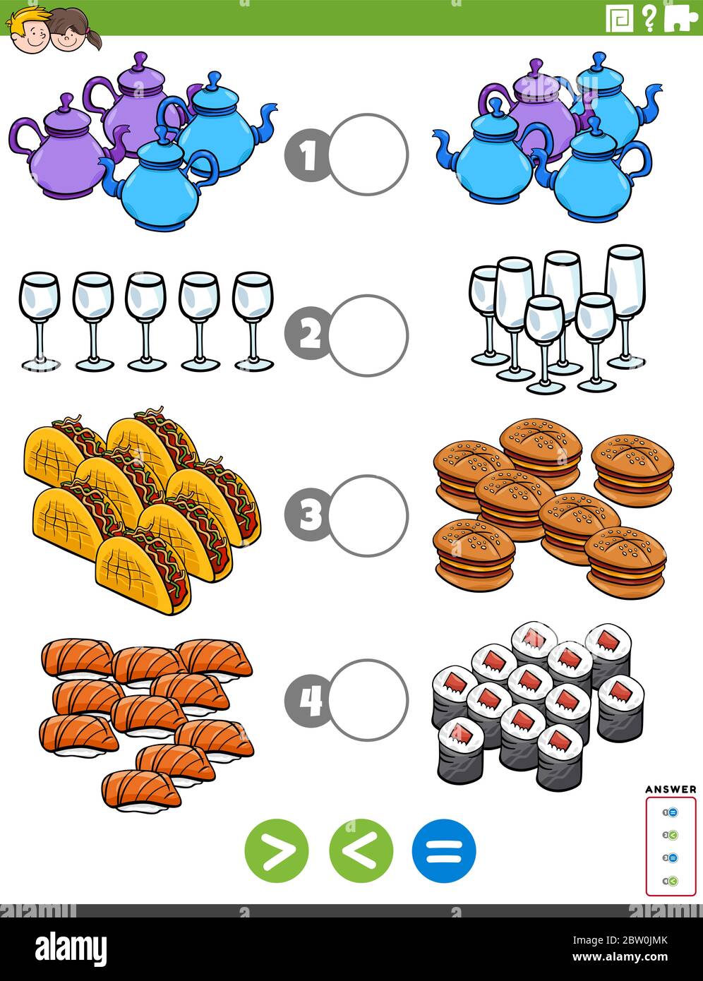 Ilustración de dibujos Puzzle matemático educativo tarea de mayor que, menor o igual que para niños con Objests de Alimentos Vector de stock - Alamy