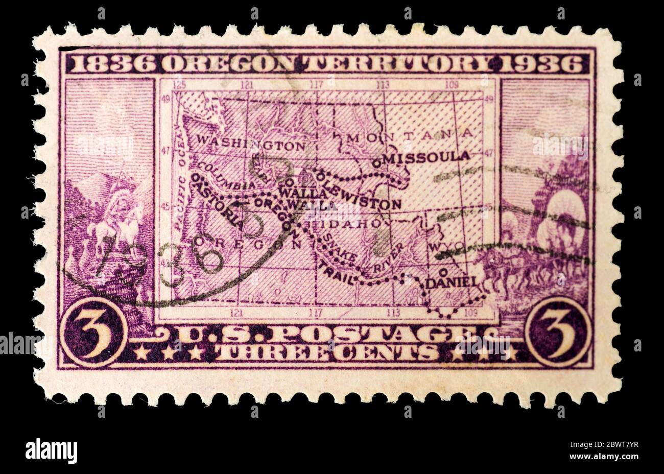 Un sello del postage de los Estados Unidos de 1936 que conmemora el Centenario del Territorio de Oregon. Foto de stock