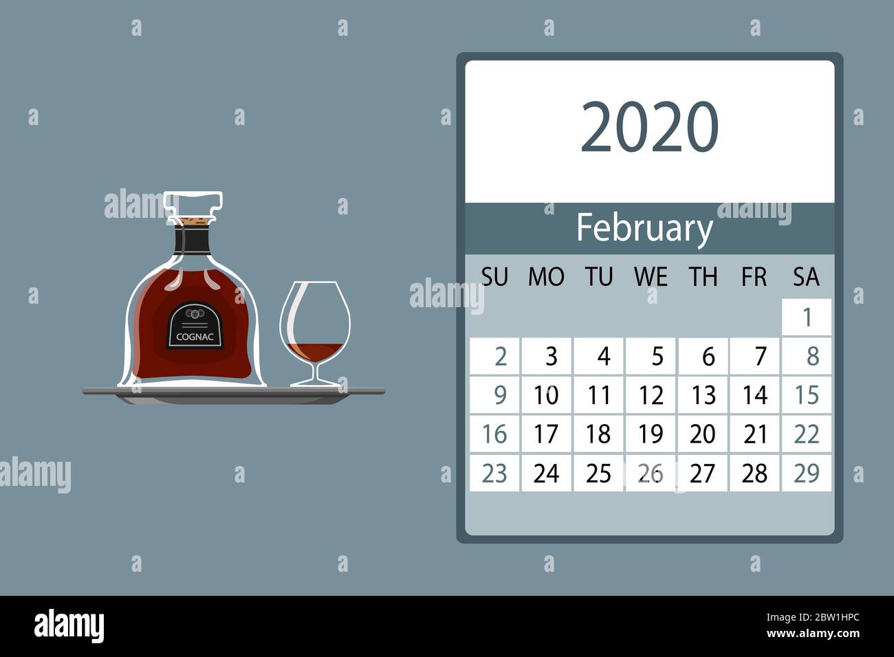 Calendario 2020. Febrero calendario mensual decorado con una linda