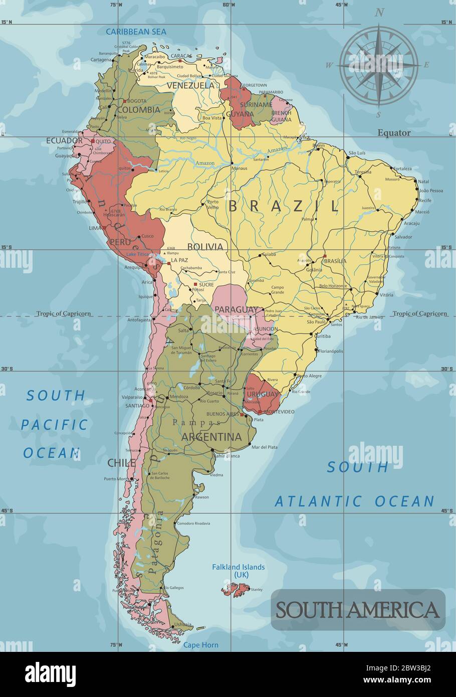 América Del Sur Mapa Político Altamente Detallado Y Editable Con Capas Separadas Imagen Vector 