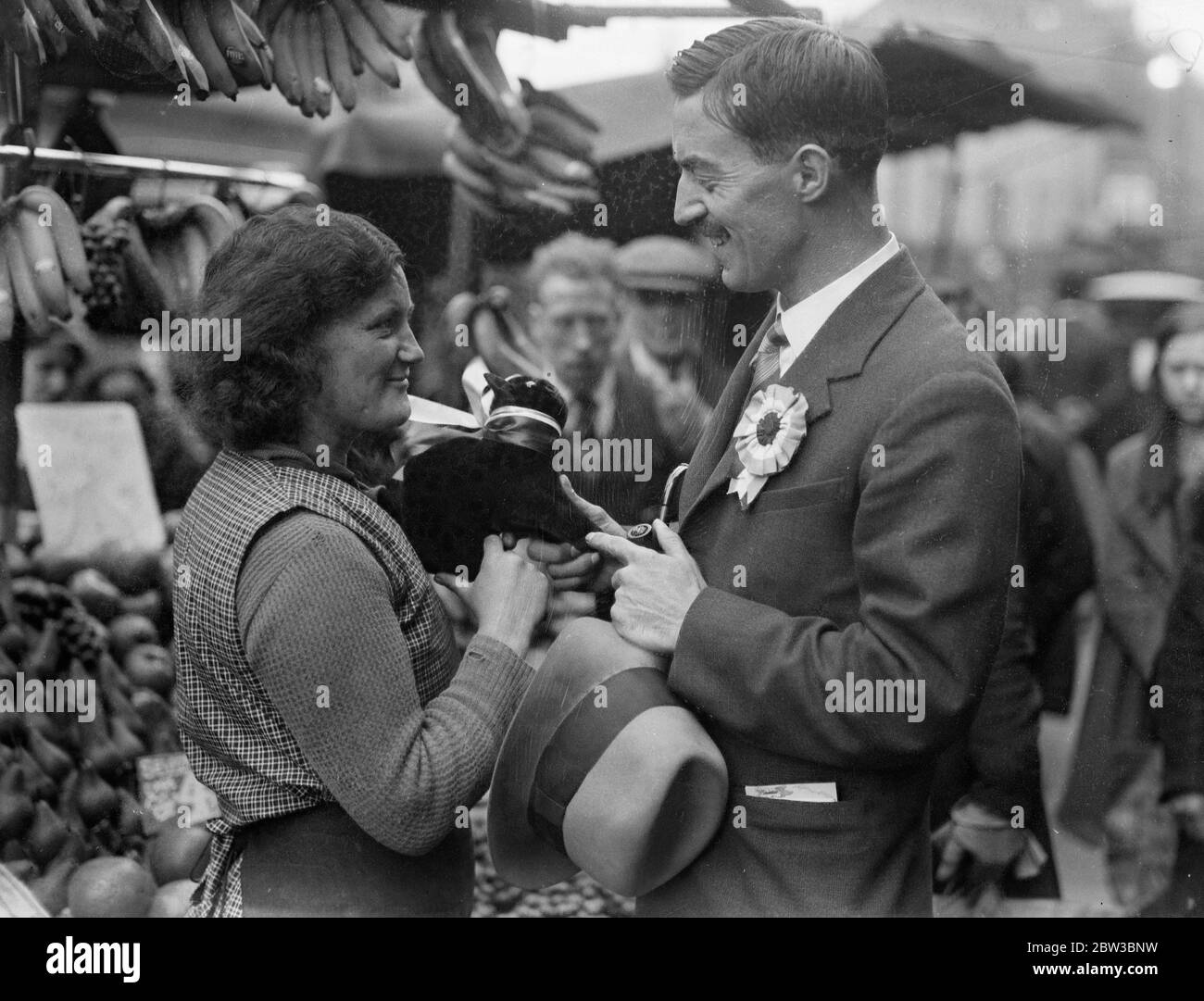 Señora presentando gato negro al Sr. Markham , el candidato por elección .  19 de octubre de 1934 Fotografía de stock - Alamy