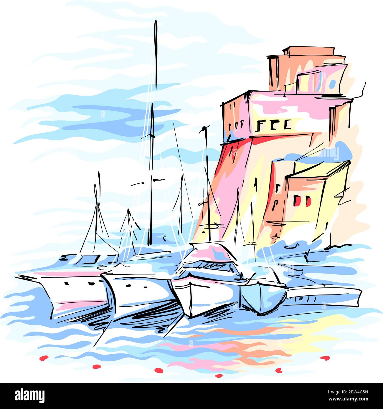 Boceto vectorial de muelle con barcos de pesca y fortaleza medieval en Cala Marina, puerto de Castellammare del Golfo, Sicilia, Italia. Ilustración del Vector