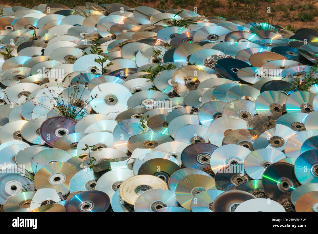 Una colección de discos compactos desechados en el suelo, con el lado brillante hacia arriba Foto de stock