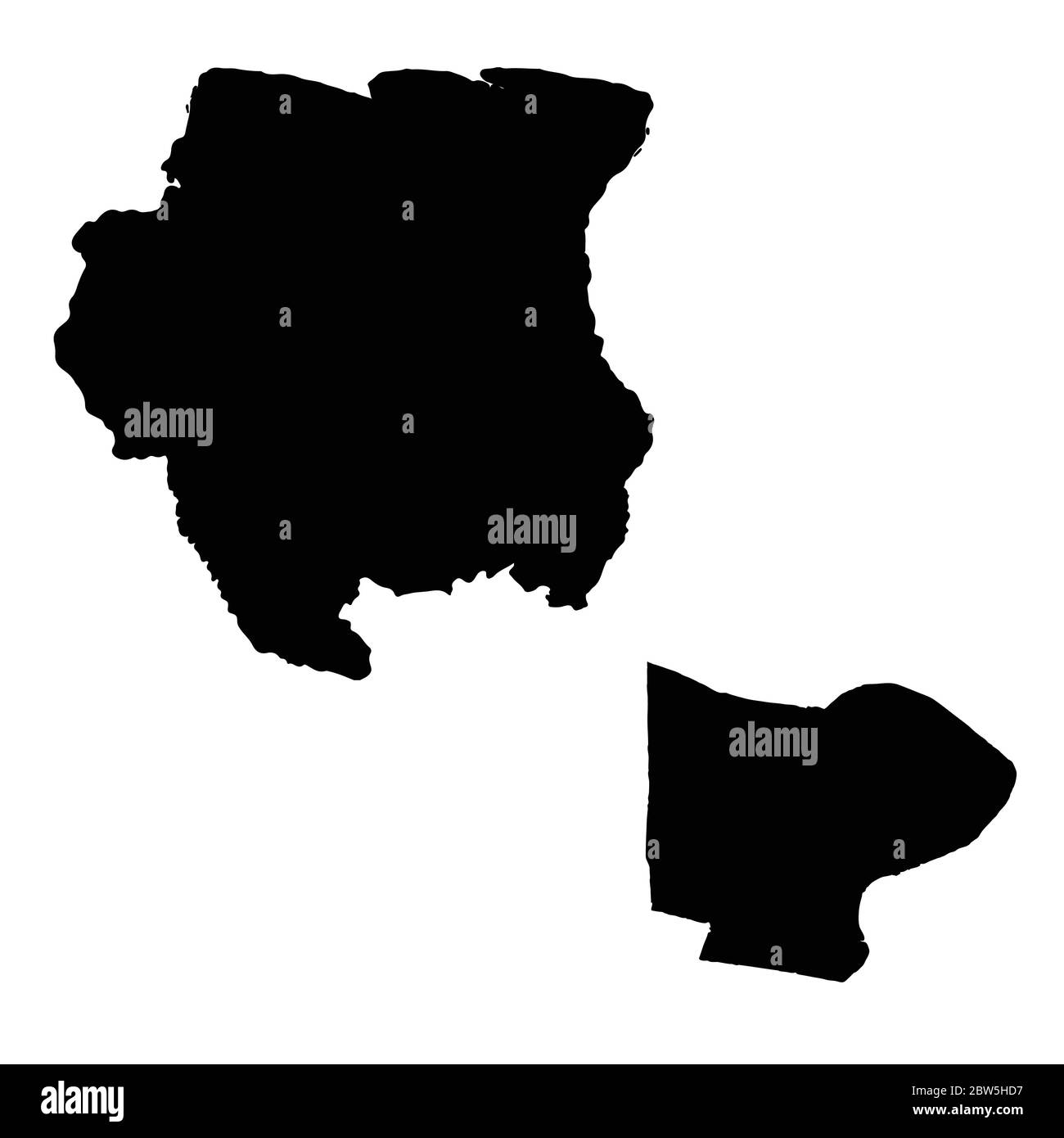 Mapa vectorial de Suriname y Paramaribo. País y capital. Ilustración vectorial aislada. Negro sobre fondo blanco. EPS 10 Ilustración. Ilustración del Vector