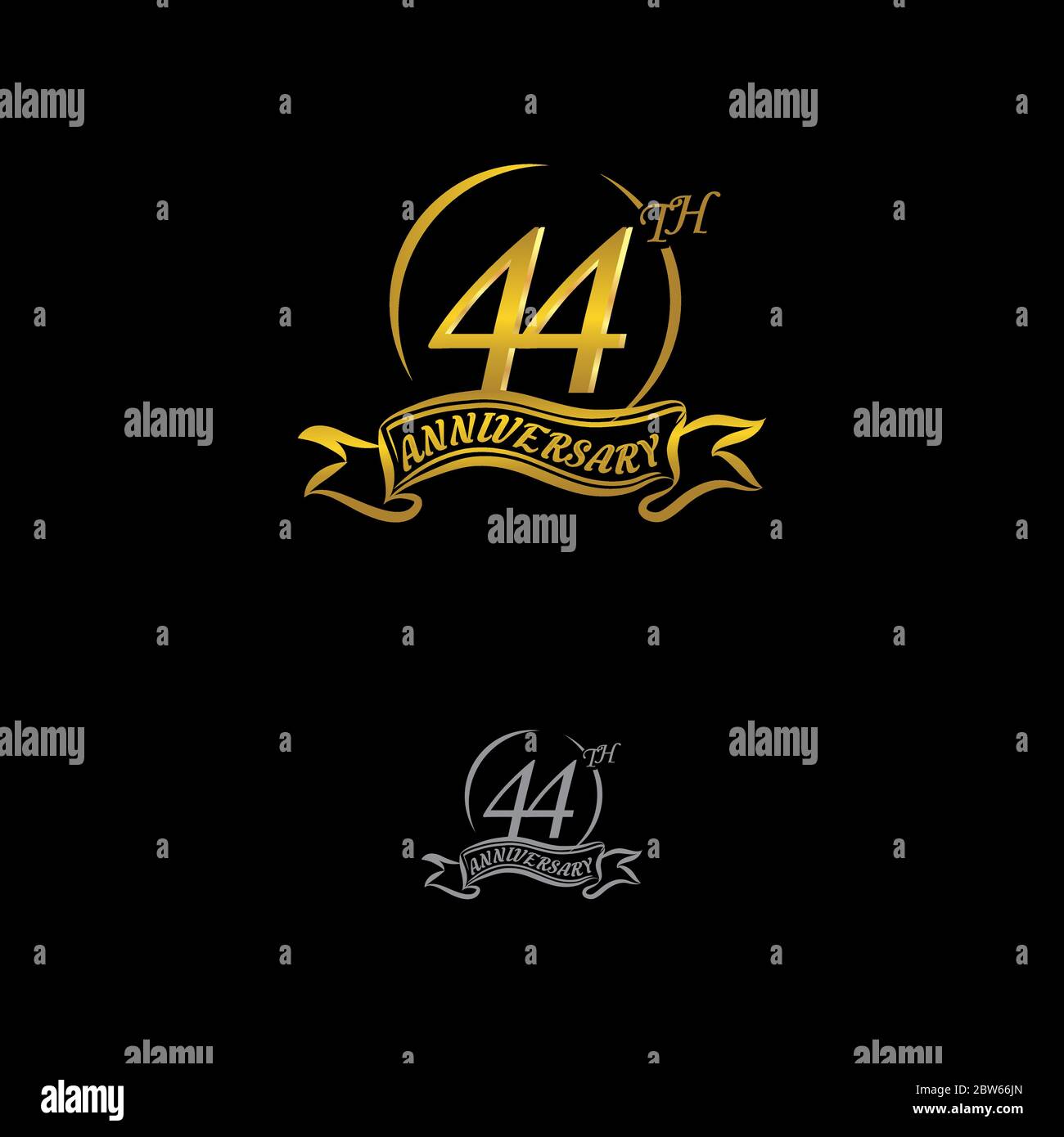 Celebrando el logo del 44 aniversario, con anillos de oro y cintas de gradación aisladas sobre fondo negro.EPS 10 Ilustración del Vector