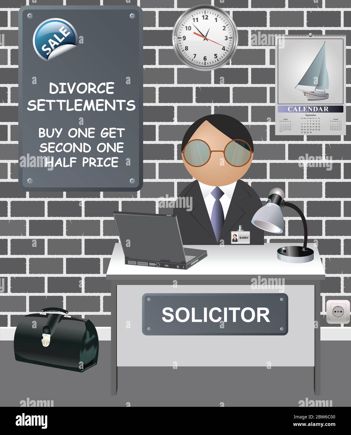 Oficina de abogados cómicos con oferta de venta en los acuerdos de divorcio comprar uno y obtener el segundo precio de la mitad Foto de stock