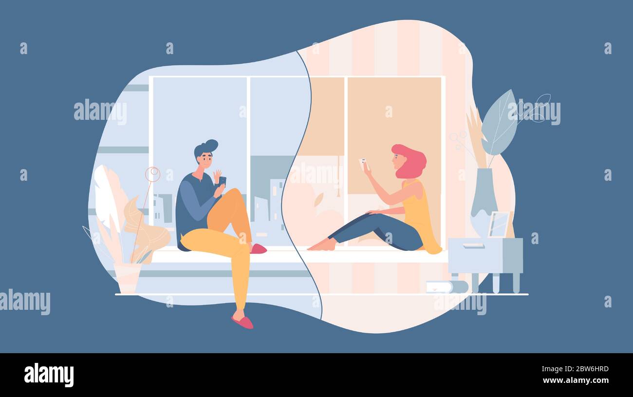 Feliz pareja con smartphones chateando en línea plano ilustración de dibujos animados. Joven y mujer hablando por medio de una videollamada. Citas virtuales, relación en línea durante el concepto de vector de Feliz pareja con smartphones chateando en línea plano ilustración de dibujos animados. Joven y mujer hablando por medio de una videollamada. Citas virtuales, relación en línea durante el concepto de vector de