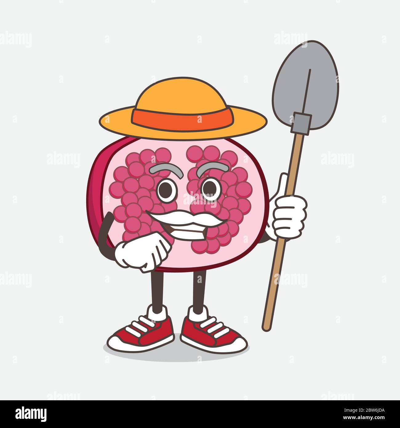 Una ilustración de Pomegranate Fruit personaje mascota caricatura con  sombrero y herramientas de agricultor Imagen Vector de stock - Alamy