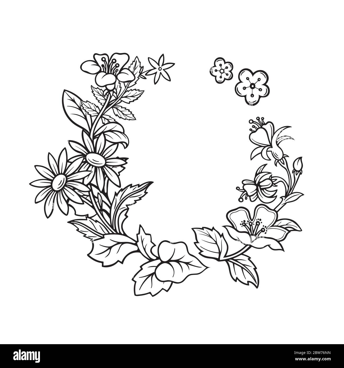 Corona floral. Dibujo a mano de diferentes flores y plantas de flores vector  de corona ilustración. Marco floral bosquejado. Parte del conjunto Imagen  Vector de stock - Alamy