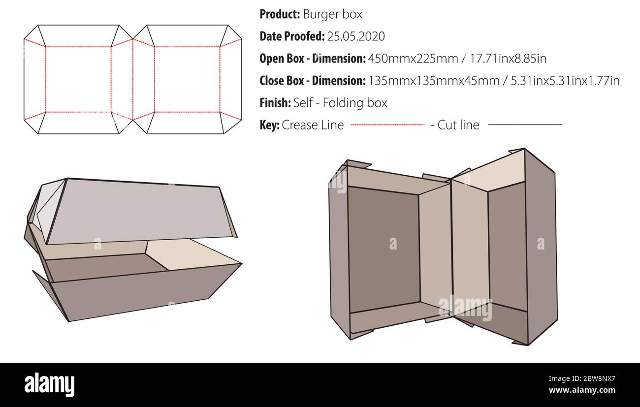 Burger caja embalaje diseño plantilla selflock troquelado - vector Imagen  Vector de stock - Alamy