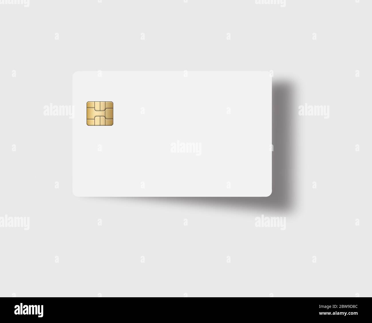 Aquí está una tarjeta blanca de crédito o débito con un chip EMV dorado. Área de texto. Copiar área. La tarjeta proyecta una sombra sobre un fondo gris claro. Foto de stock