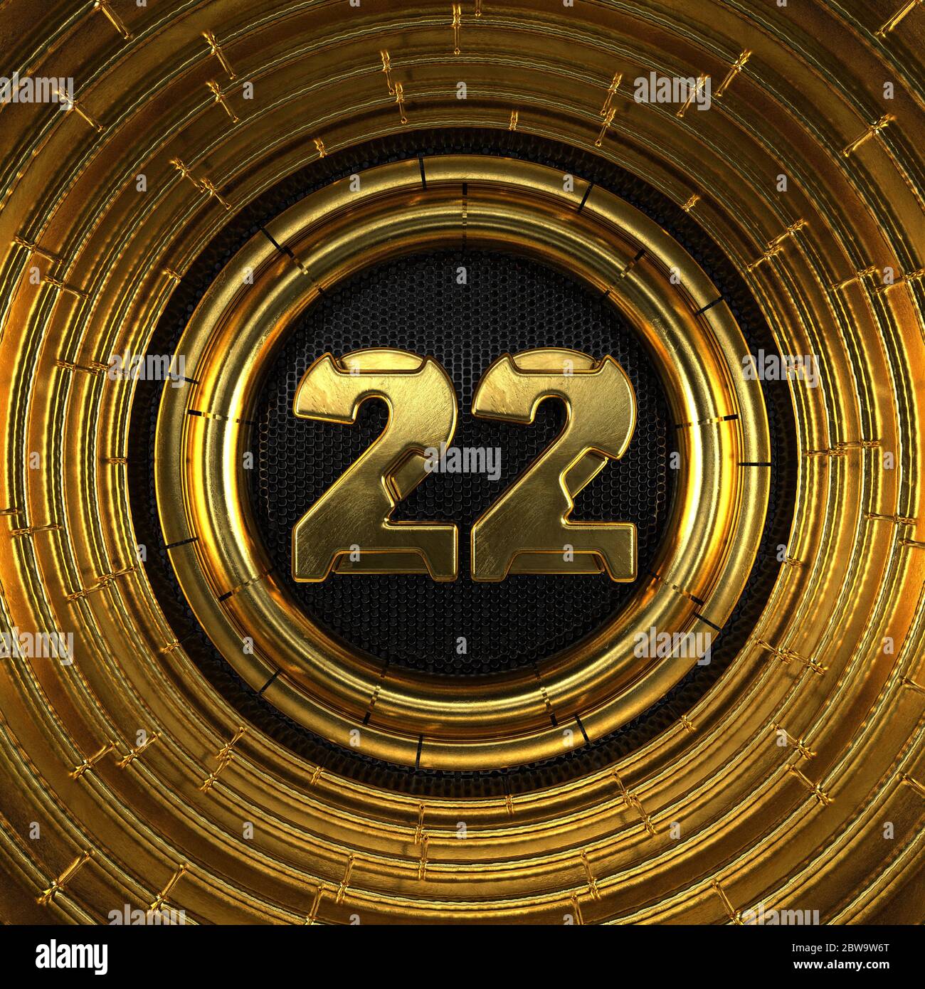 Oro número 22 (número veintidós) con fondo de metal negro perforado y anillos de oro alrededor. Ilustración 3D Foto de stock