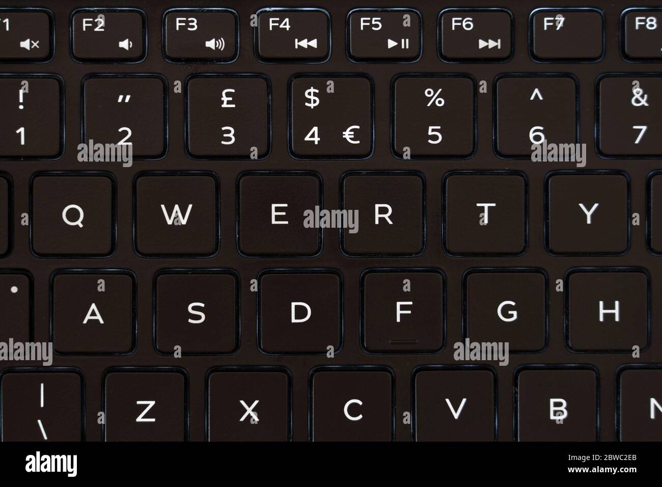 Un teclado qwerty en inglés para portátil. Concepto - contraseña y ciberseguridad.qwerty es una de las contraseñas más inseguras y comunes en uso Foto de stock