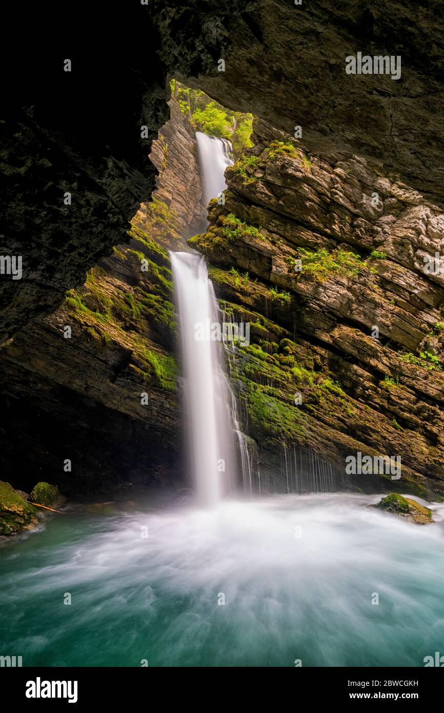 Una vista de una idílica cascada en el exuberante paisaje de follaje de primavera verde en los Alpes suizos Foto de stock